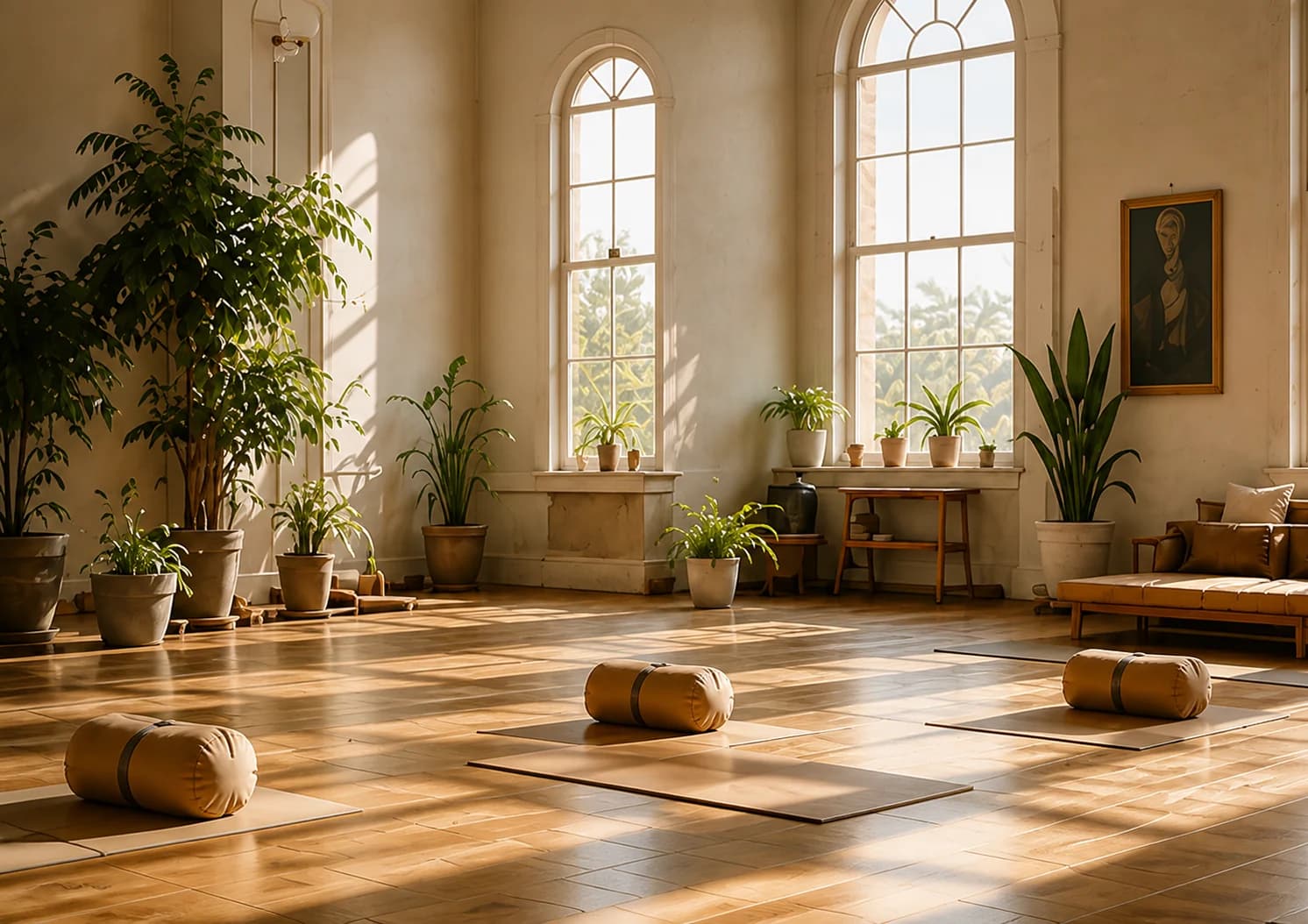Warm, sunlit room prepared for a restorative wellness session